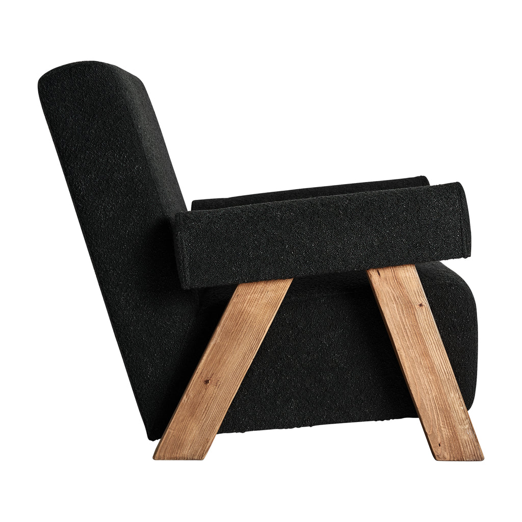 Handgefertigter Unikat Sessel aus recyceltem Kiefernholz und schwarzem Polster
