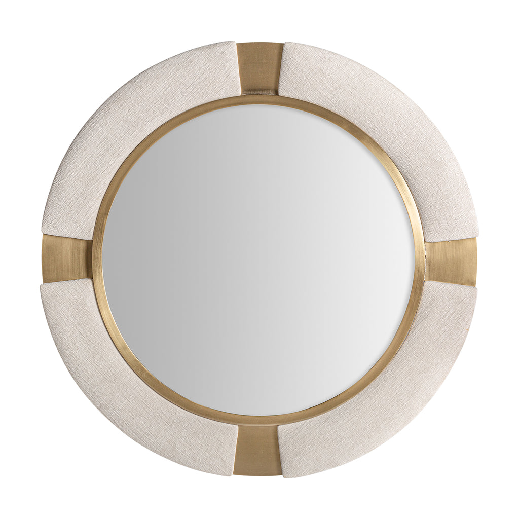 Runder Spiegel mit goldfarbenem Rahmen und weißer Stoffeinlage im Art-Deco-Stil