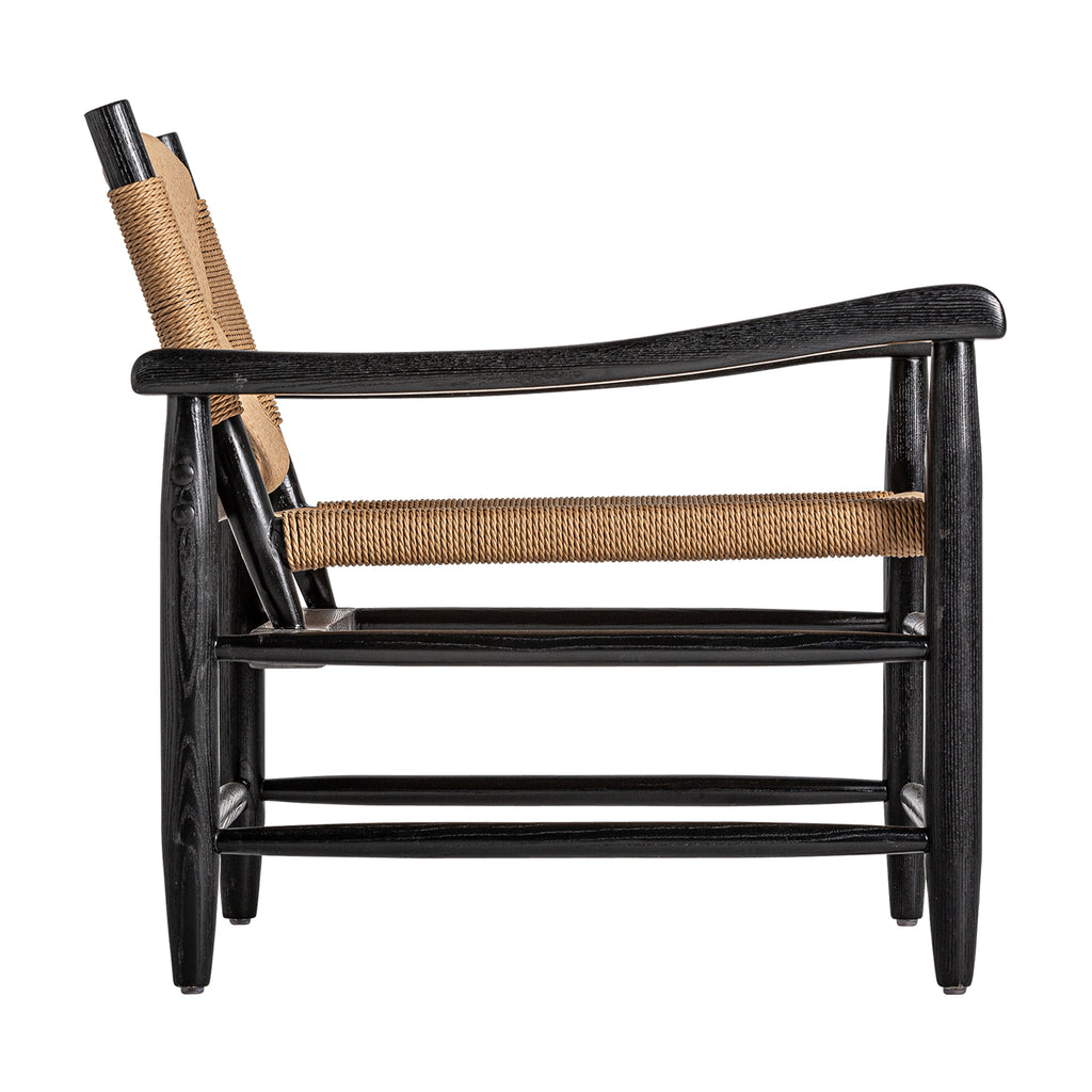 Vintage Sessel mit schwarzem Gestell und naturfarbenem Rope-Geflecht