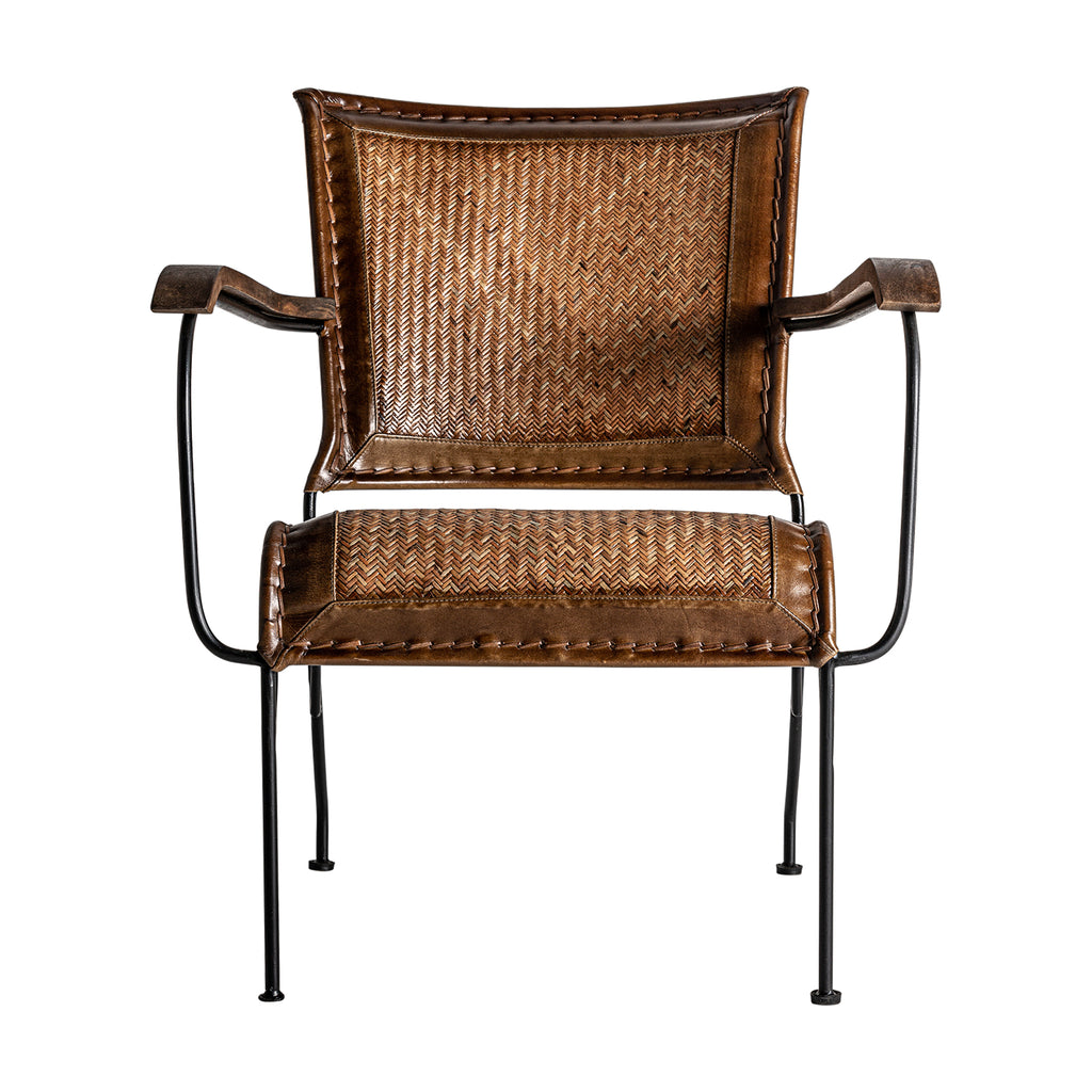 Brauner Vintage Stuhl aus Leder und Rattan