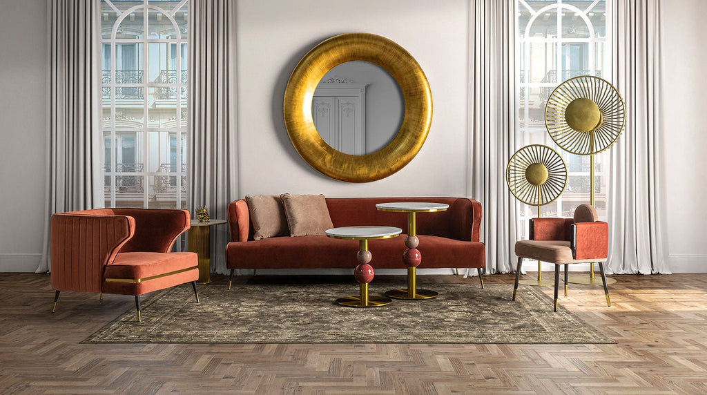 Art Deco Bartisch in Gold und Rosatönen mit einer weissen Marmorplatte - Maison Oudh