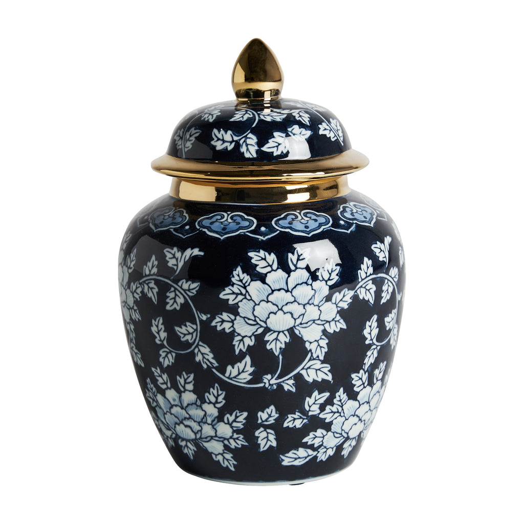 Blaue Keramikvase im orientalischen Design mit goldenem Deckel - Maison Oudh