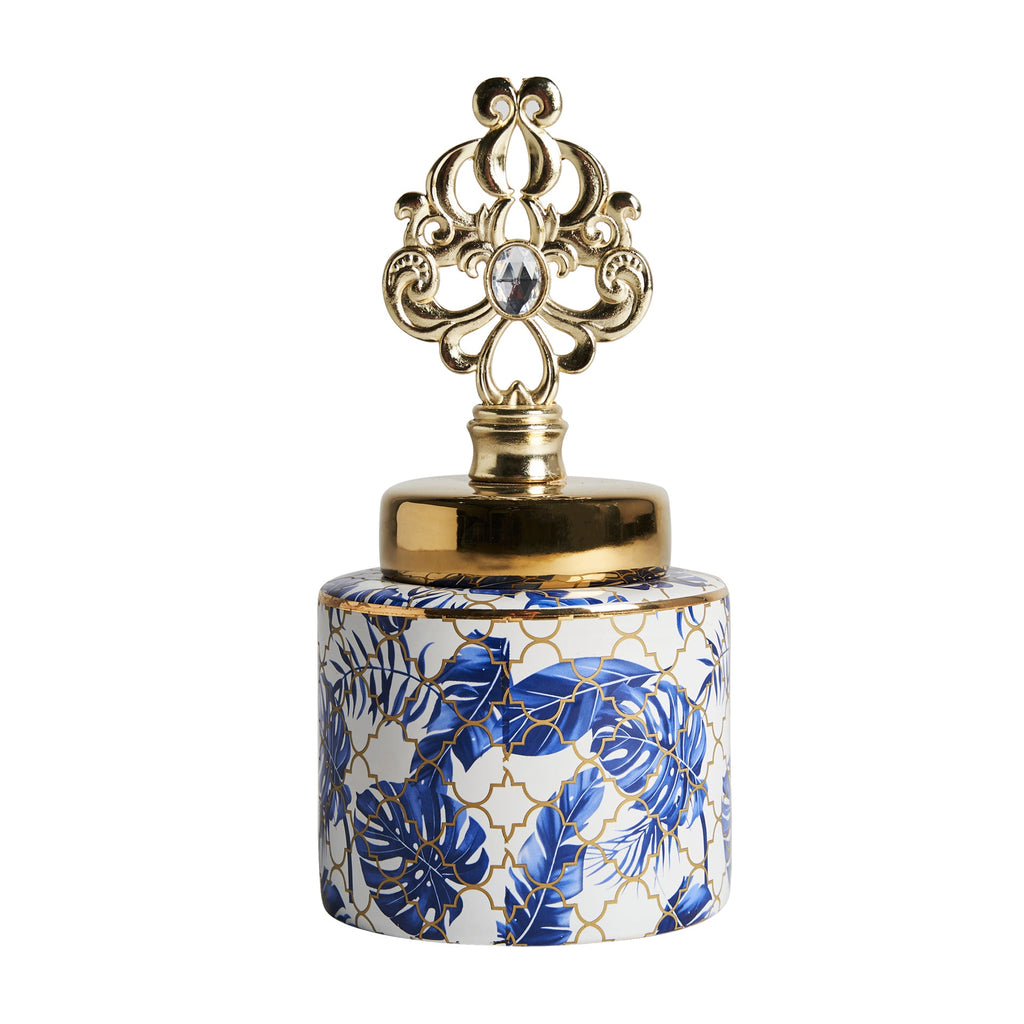 Blaue Keramikvase mit Golddeckel und orientalischem Flair - Maison Oudh