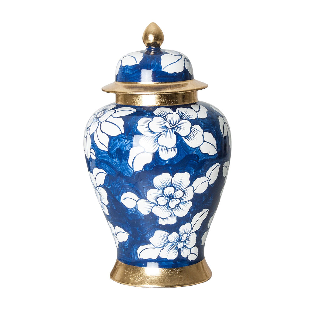 Blaue Keramikvase mit Deckel und weissen Blumenmotiven - Maison Oudh
