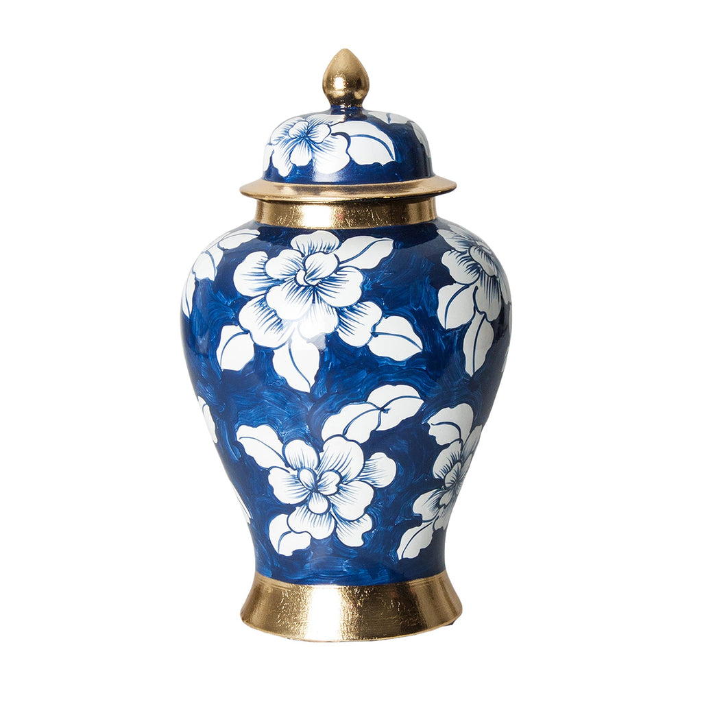 Blaue Keramikvase verziert mit weissen Blumen - Maison Oudh