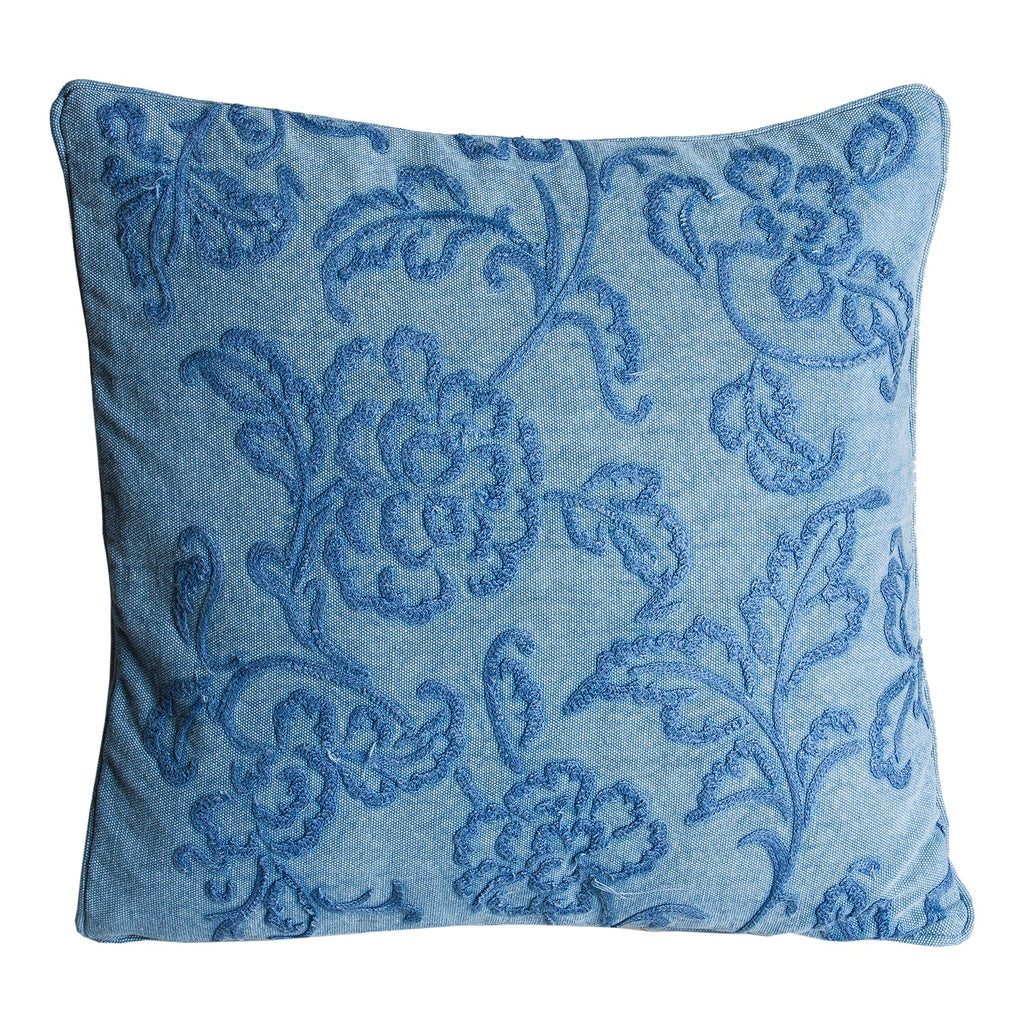 Blaues Kissen aus Baumwolle mit Stickereien verziert - Maison Oudh