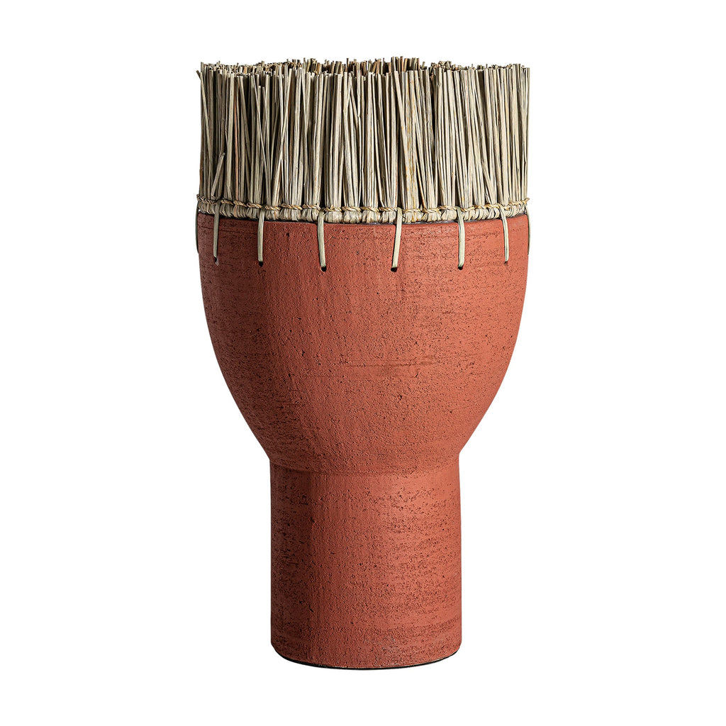 Braune Ethno Deko-Vase aus Terrakotta mit Juteakzenten - Maison Oudh