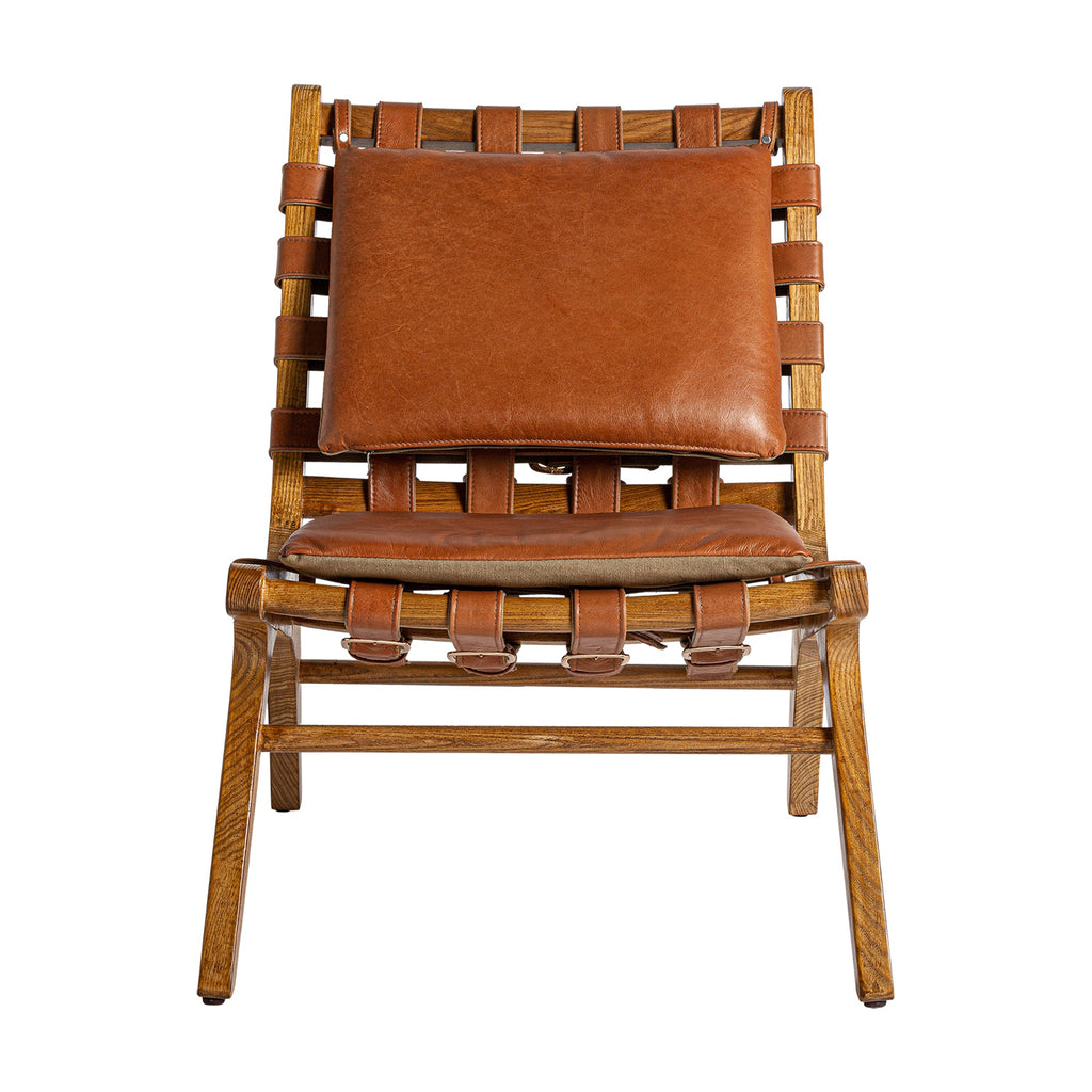 Brauner Leder Sessel mit Geflecht und abnehmbaren Kissen - Maison Oudh