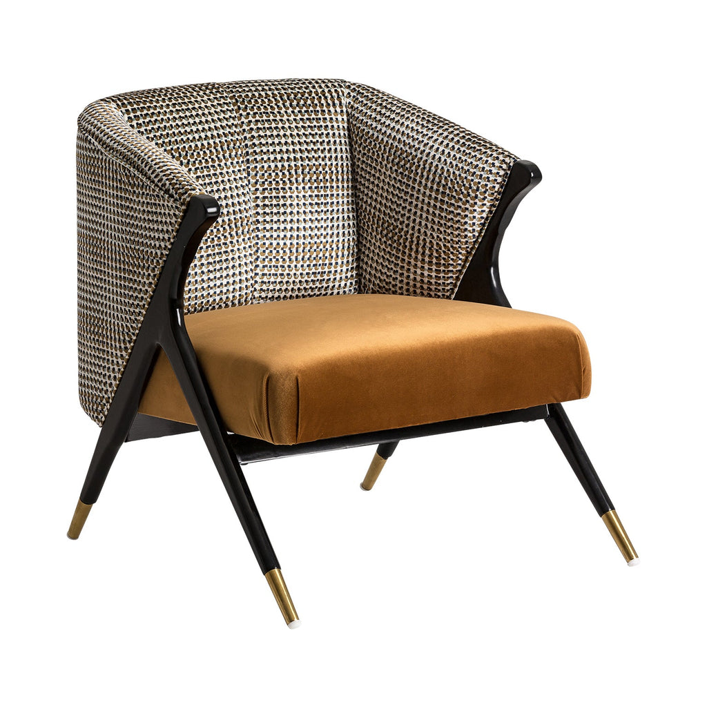 Designer Sessel aus ockerfarbenem Samt mit einer gemusterten Rückenlehne - Maison Oudh