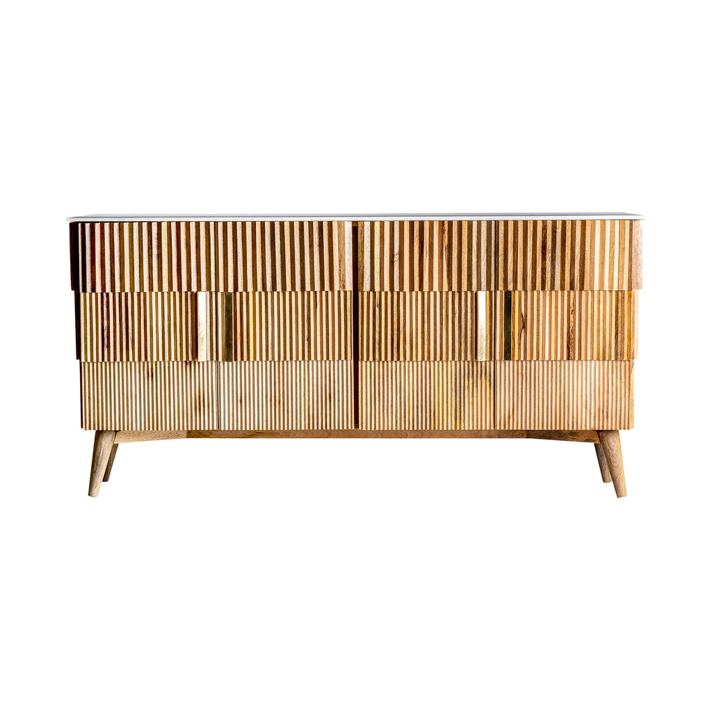 Designer Sideboard Plissé aus Mangoholz kombiniert mit einer Marmorplatte - Maison Oudh