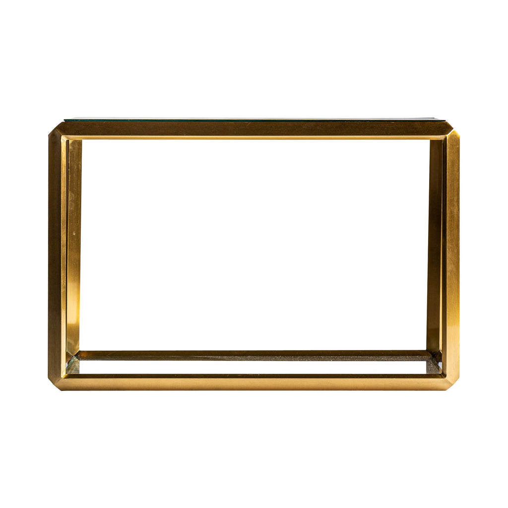 Eckiger Couchtisch in Gold kombiniert mit einer Glasplatte im Art Deco Stil - Maison Oudh