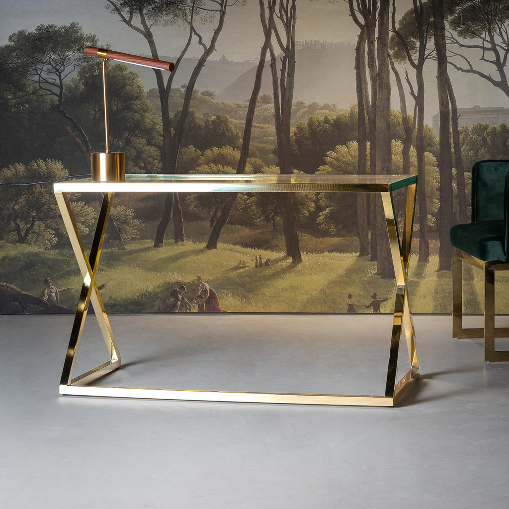 Goldener Schreibtisch kombiniert mit einer transparenten Glasplatte - Maison Oudh
