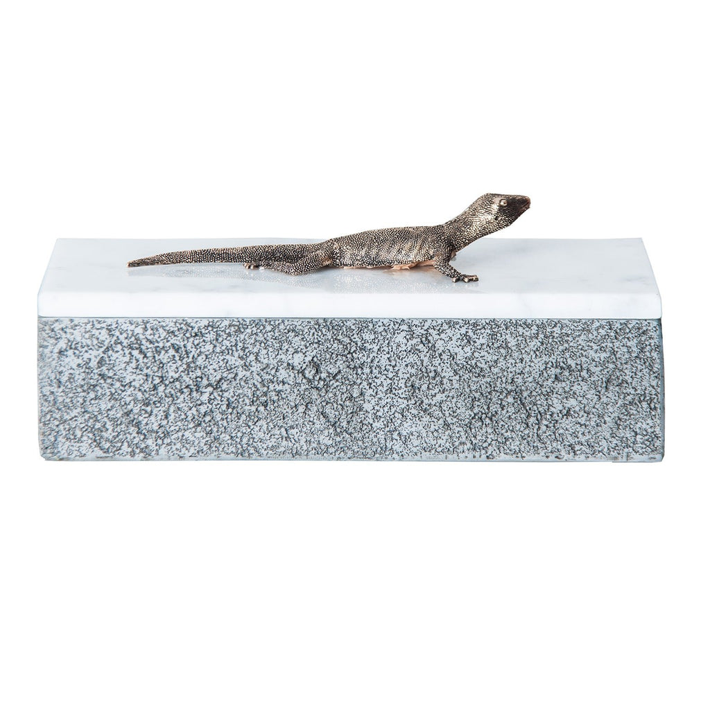 Rechteckige Graue Marmorbox mit Weißem Deckel und Salamander-Griff -Large-