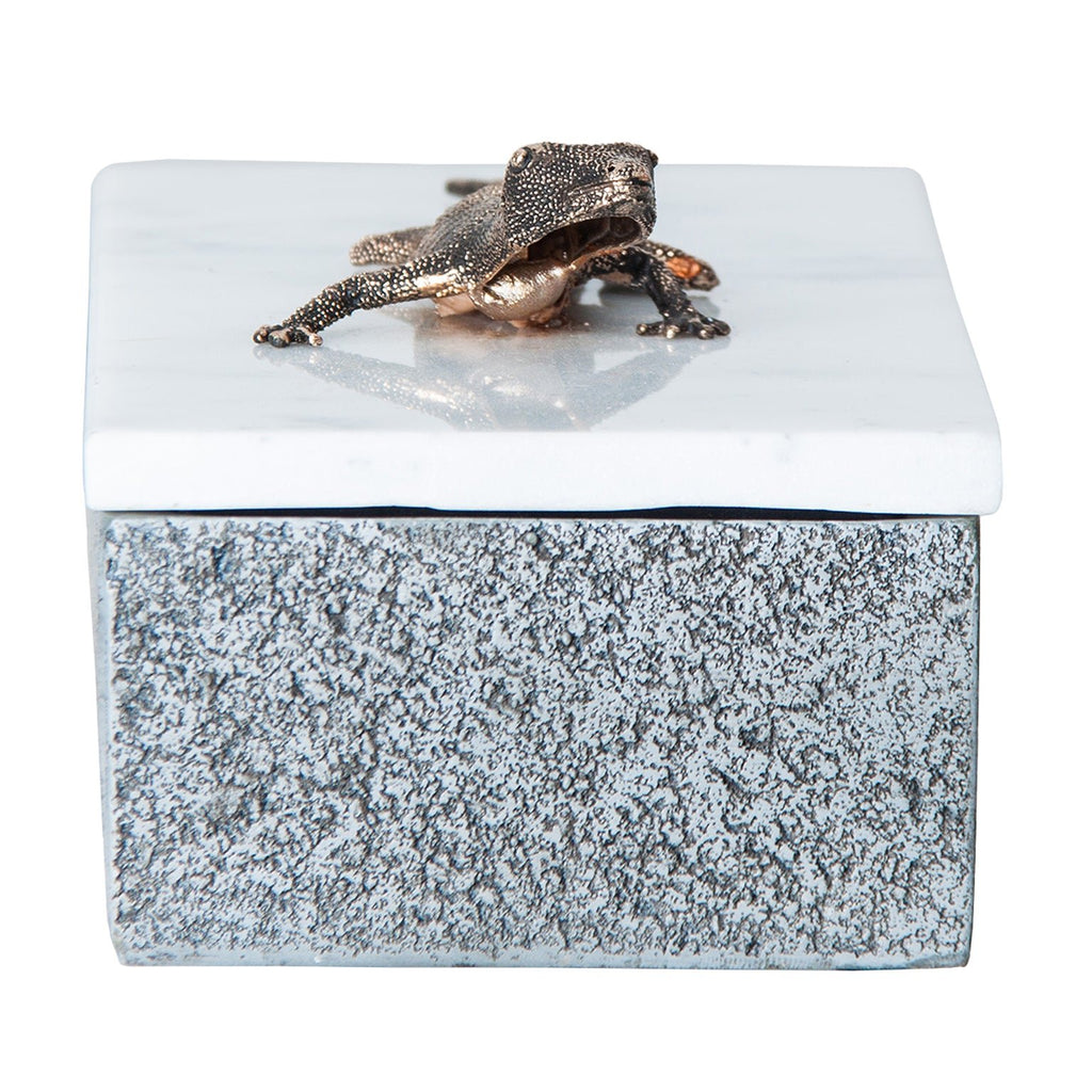 Rechteckige Graue Marmorbox mit Weißem Deckel und Salamander-Griff -Large-