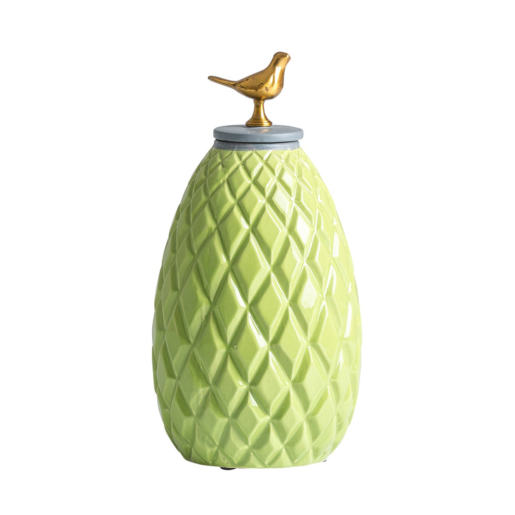 Grüne Keramikvase Ananas verziert mit einem Vogel am Deckel - Maison Oudh