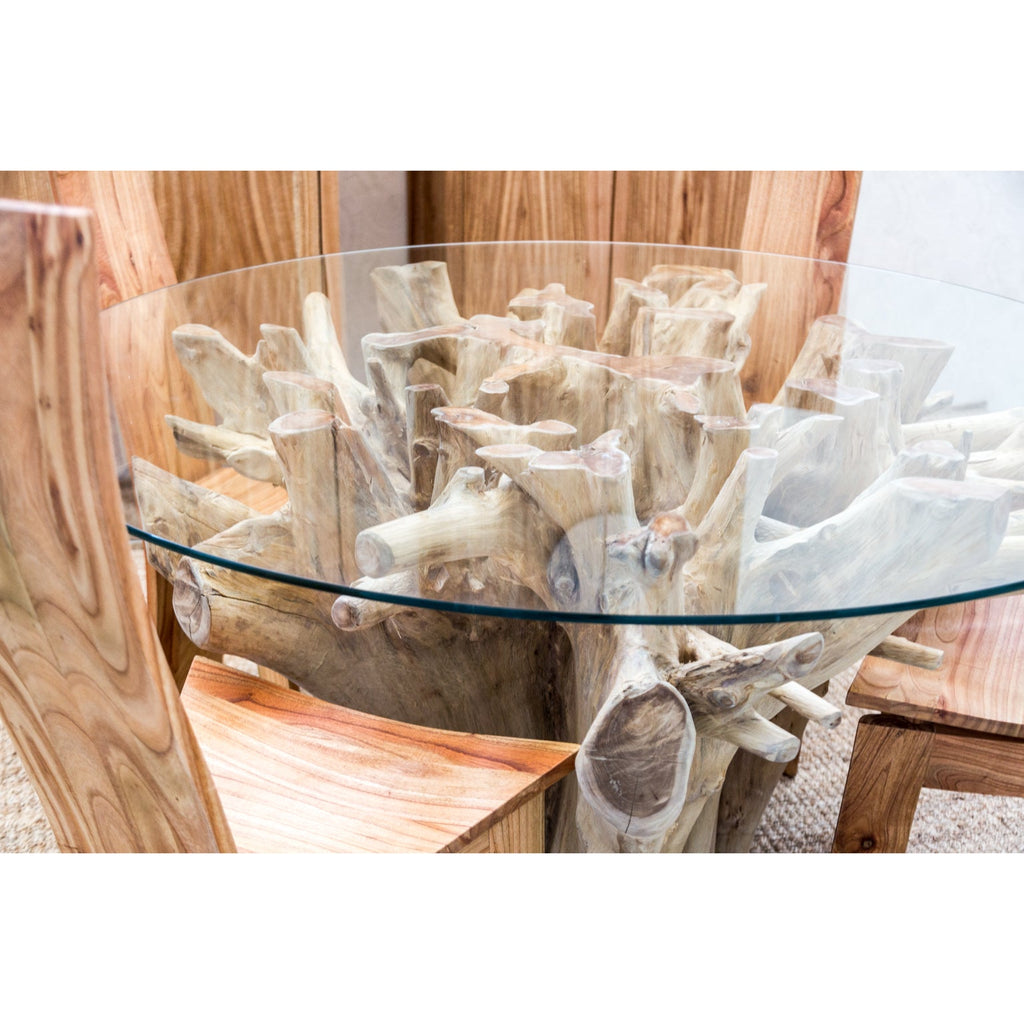 Handgefertigter Esstisch aus Teakbaumwurzel mit einer Glasplatte - Maison Oudh