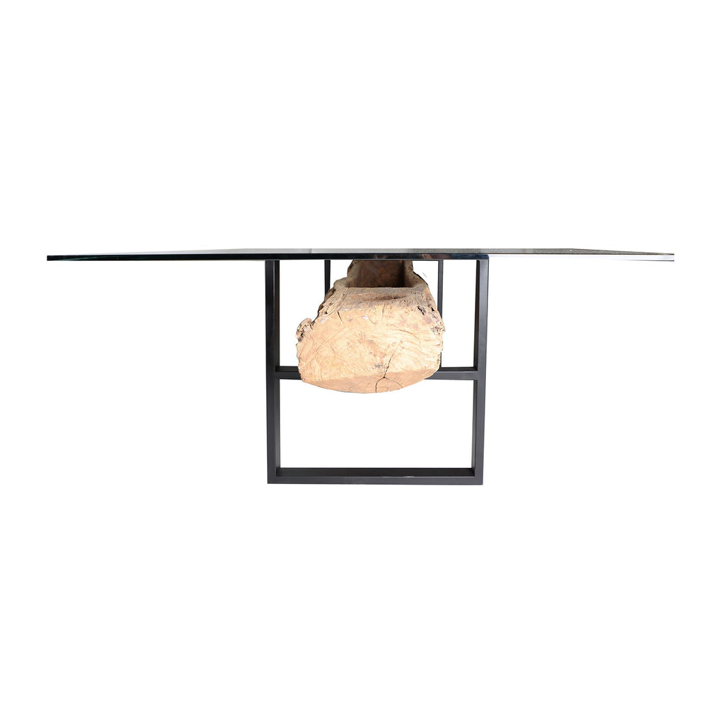 Handgefertigter Esstisch Unikat aus Tropenholz kombiniert mit einer Glasplatte - Maison Oudh