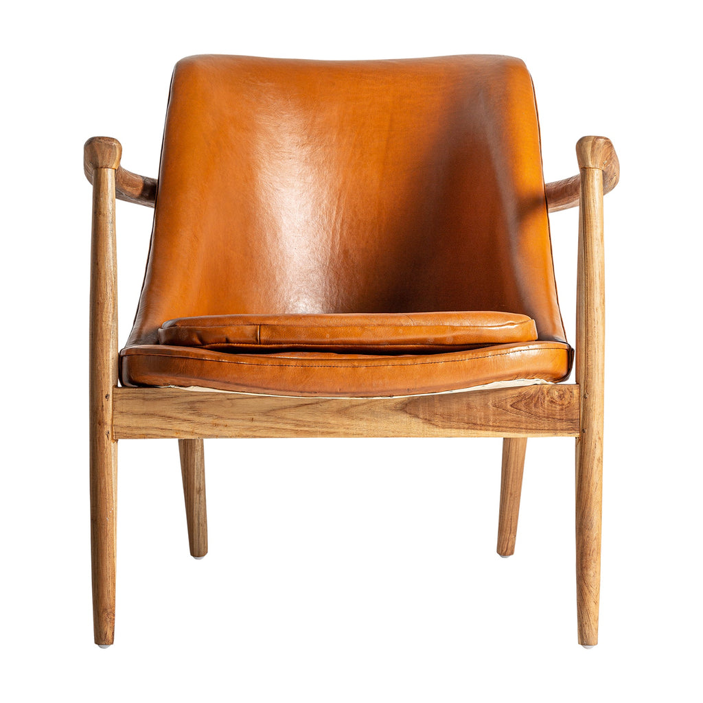 Handgefertigter Vintage Sessel aus Teakholz mit braunem Lederbezug: Zeitlose Eleganz trifft auf Komfort - Maison Oudh