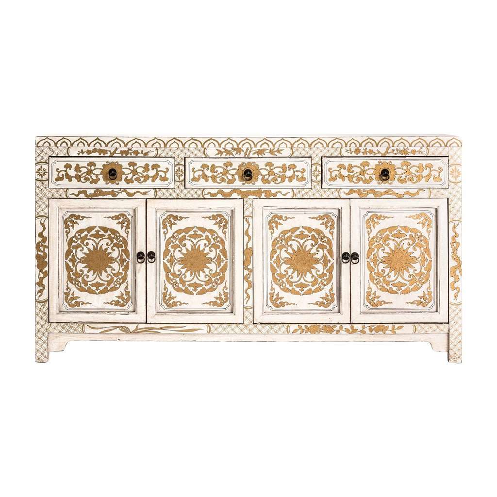 Handgefertigtes weisses Sideboard aus Ulmenholz verziert mit goldenen Ornamenten - Maison Oudh