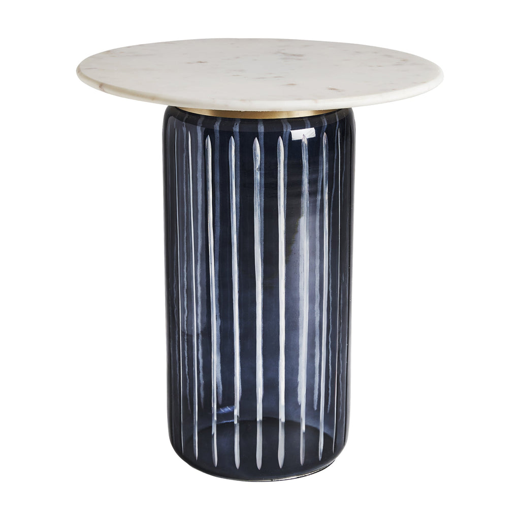 Runder Beistelltisch aus schwarzem Kristallglas kombiniert mit einer weissen Marmorplatte - Maison Oudh