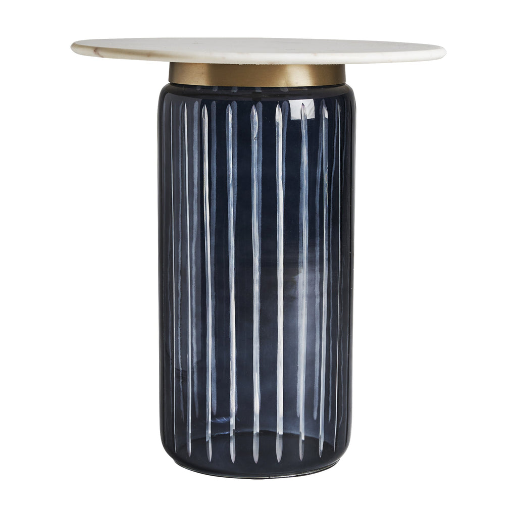 Runder Beistelltisch aus schwarzem Kristallglas kombiniert mit einer weissen Marmorplatte - Maison Oudh