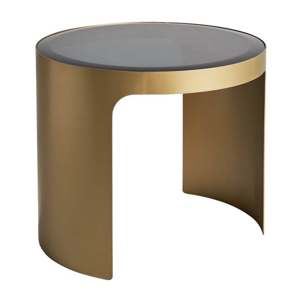 Runder Couchtisch in Gold kombiniert mit einer Tischplatte aus dunklem Kristallglas - Maison Oudh
