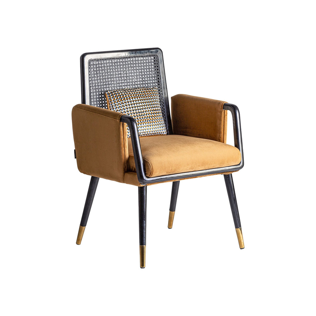Schwarzer Art Deco Stuhl aus Walnussbaumholz und Rattan kombiniert mit senffarbenem Samt - Maison Oudh