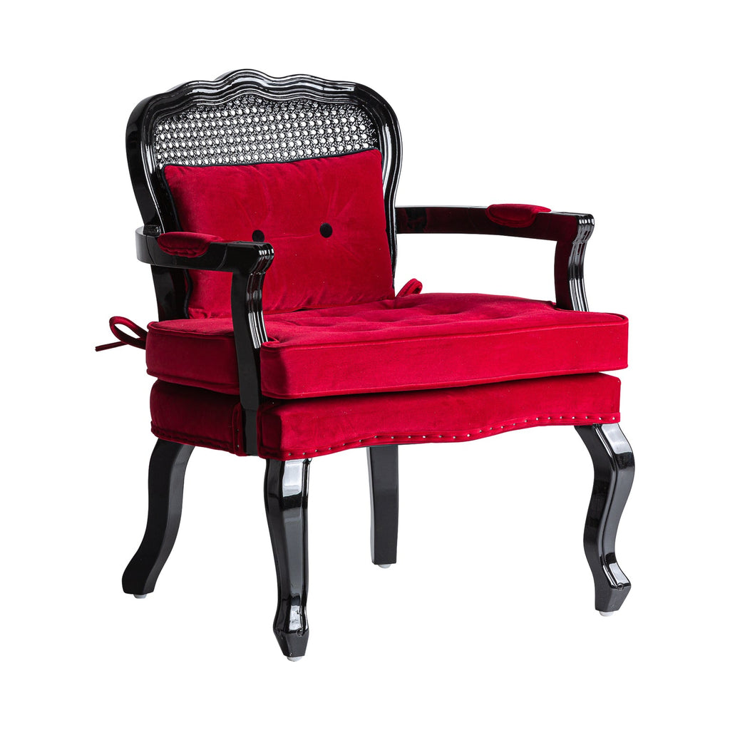 Schwarzer Kolonial Sessel aus Pinienholz mit edlem rotem Samt bezogen - Maison Oudh