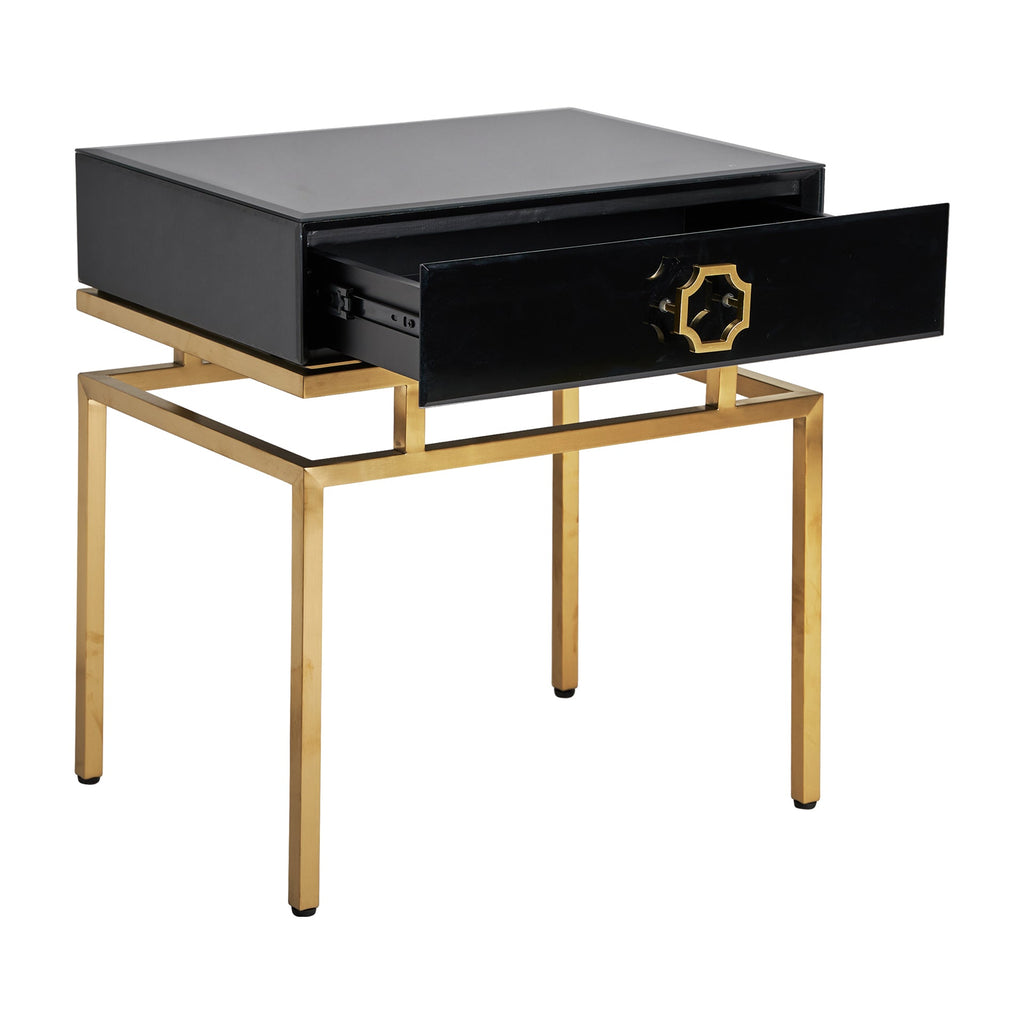 Schwarzer Nachttisch aus Kristallglas kombiniert mit goldenen Elementen - Maison Oudh