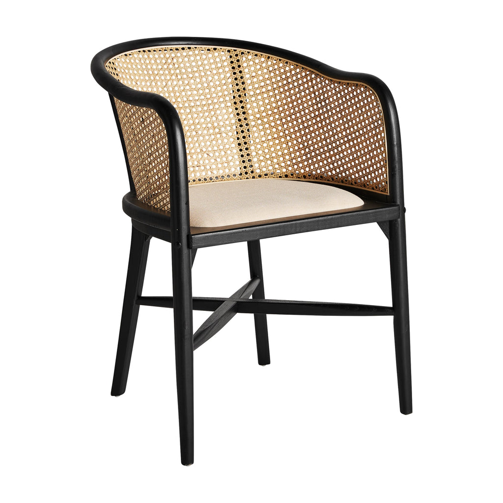 Moderne Eleganz: Schwarzer Stuhl aus Birkenholz mit Wiener Geflecht und Leinenpolster- Maison Oudh