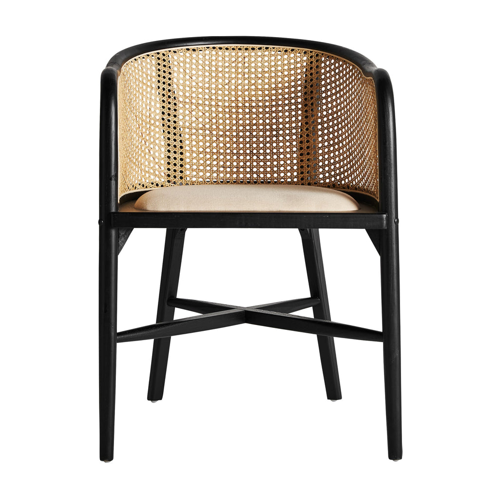 Moderne Eleganz: Schwarzer Stuhl aus Birkenholz mit Wiener Geflecht und Leinenpolster - Maison Oudh