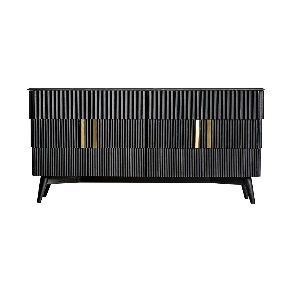 Schwarzes Designer Sideboard Plissé aus Mangoholz mit einer Kombination aus Marmor - Maison Oudh
