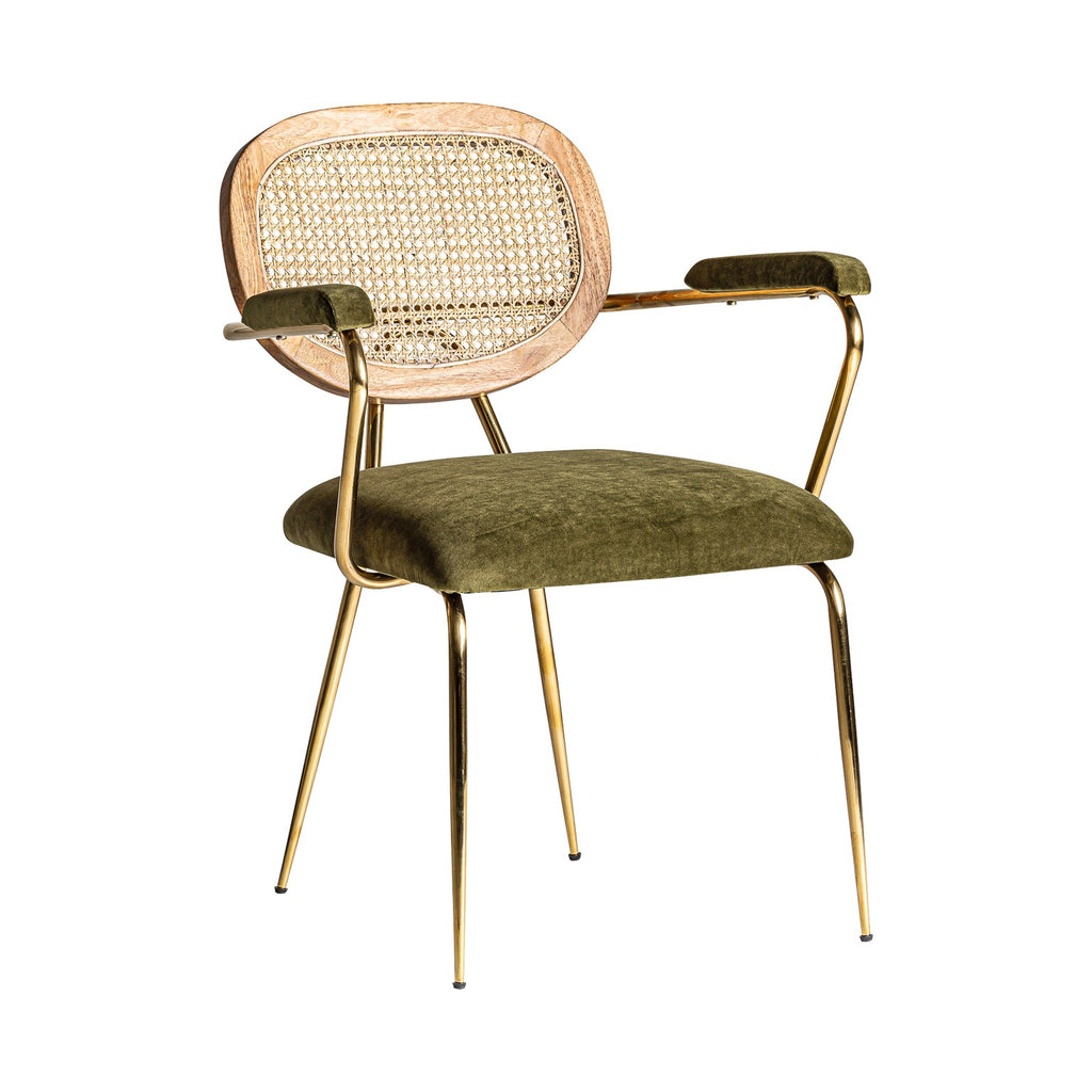 Stuhl im Vintage Design kombiniert mit Rattan und grünem Samt - Maison Oudh
