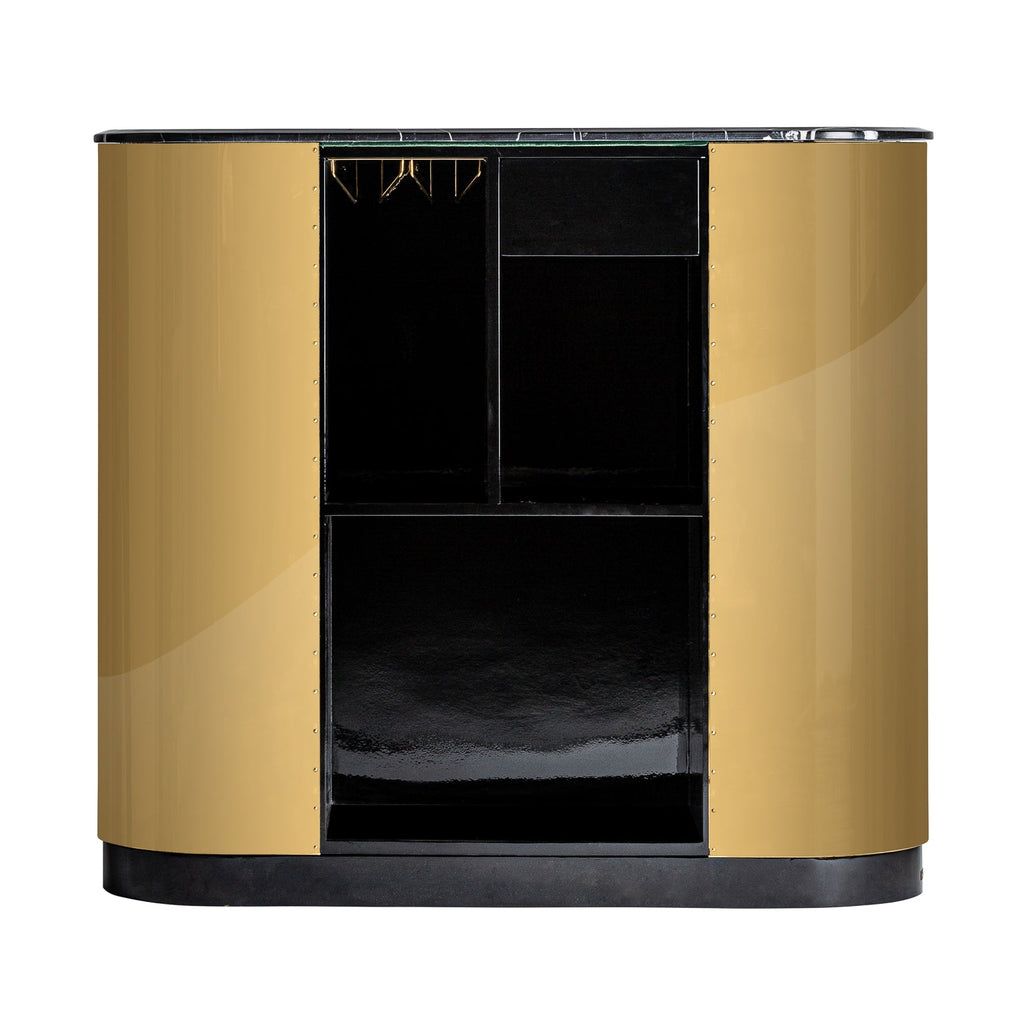 Theke in Gold kombiniert mit Wiener Geflecht und einer schwarzen Tischplatte - Maison Oudh