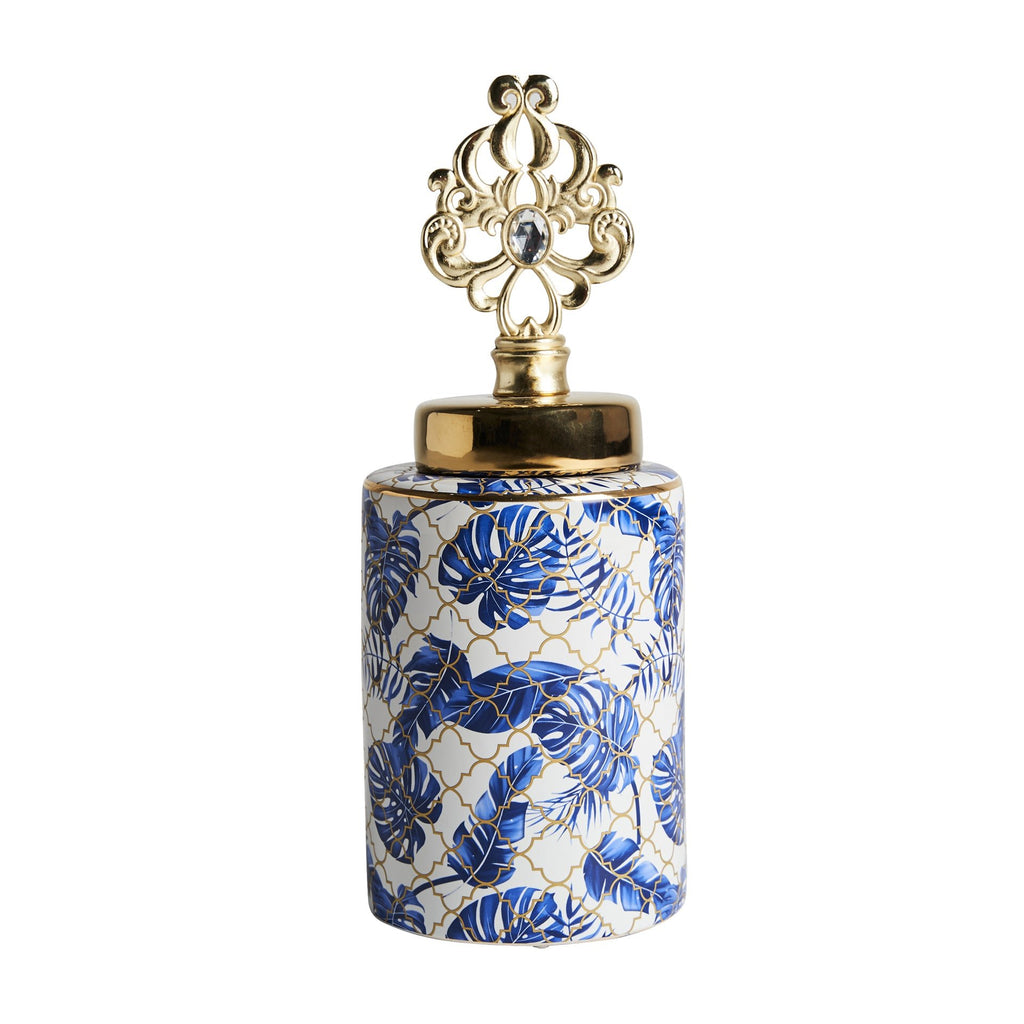 Orientalischer Glanz: Blaue Keramikvase mit Golddeckel und kunstvollen Verzierungen - Maison Oudh