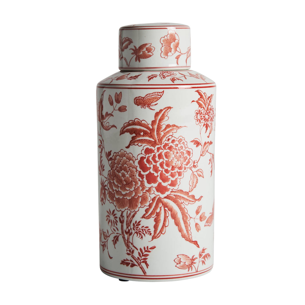 Vase mit Deckel aus Keramik mit roten Blumenmotiven large - Maison Oudh