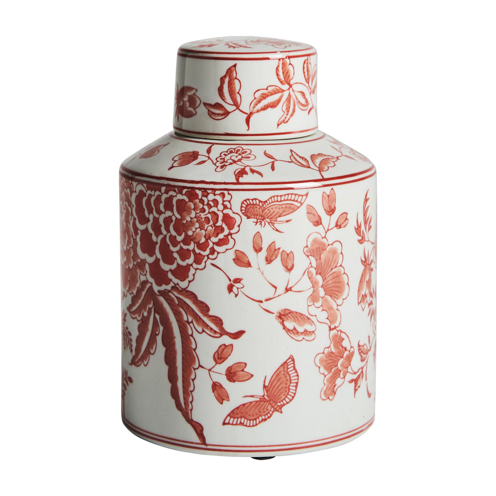 Weiße Keramikvase mit Deckel und roten Blumenmotiven -Klein-- Maison Oudh