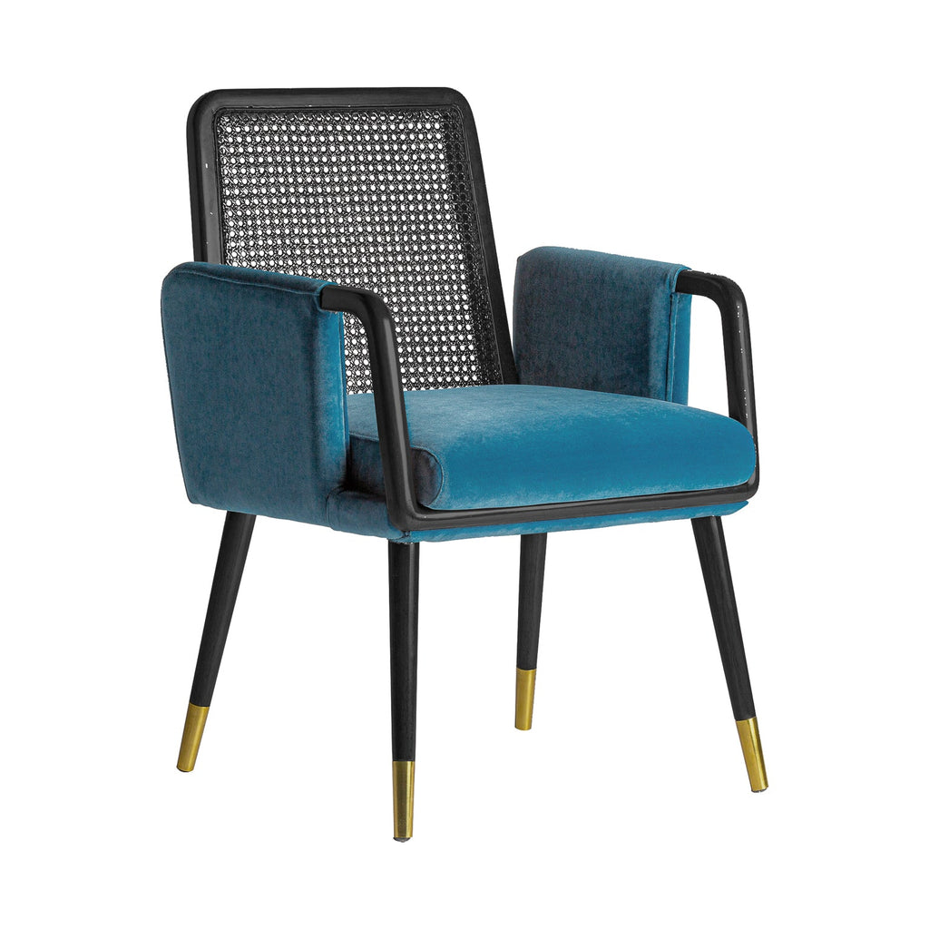 Schwarzer Vintage Stuhl mit Walnuss, Rattan und blauem Samt