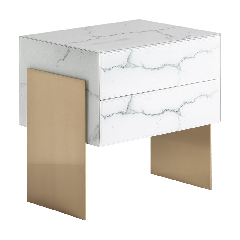 Weisser Nachttisch aus echtem Marmor mit zwei Schubladen und Stahlbeinen in Gold - Maison Oudh