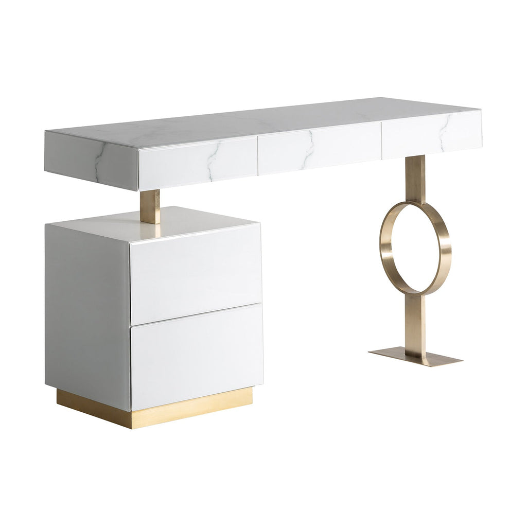 Weisser Schreibtisch aus Glas in Marmoroptik mit goldenen Elementen - Maison Oudh