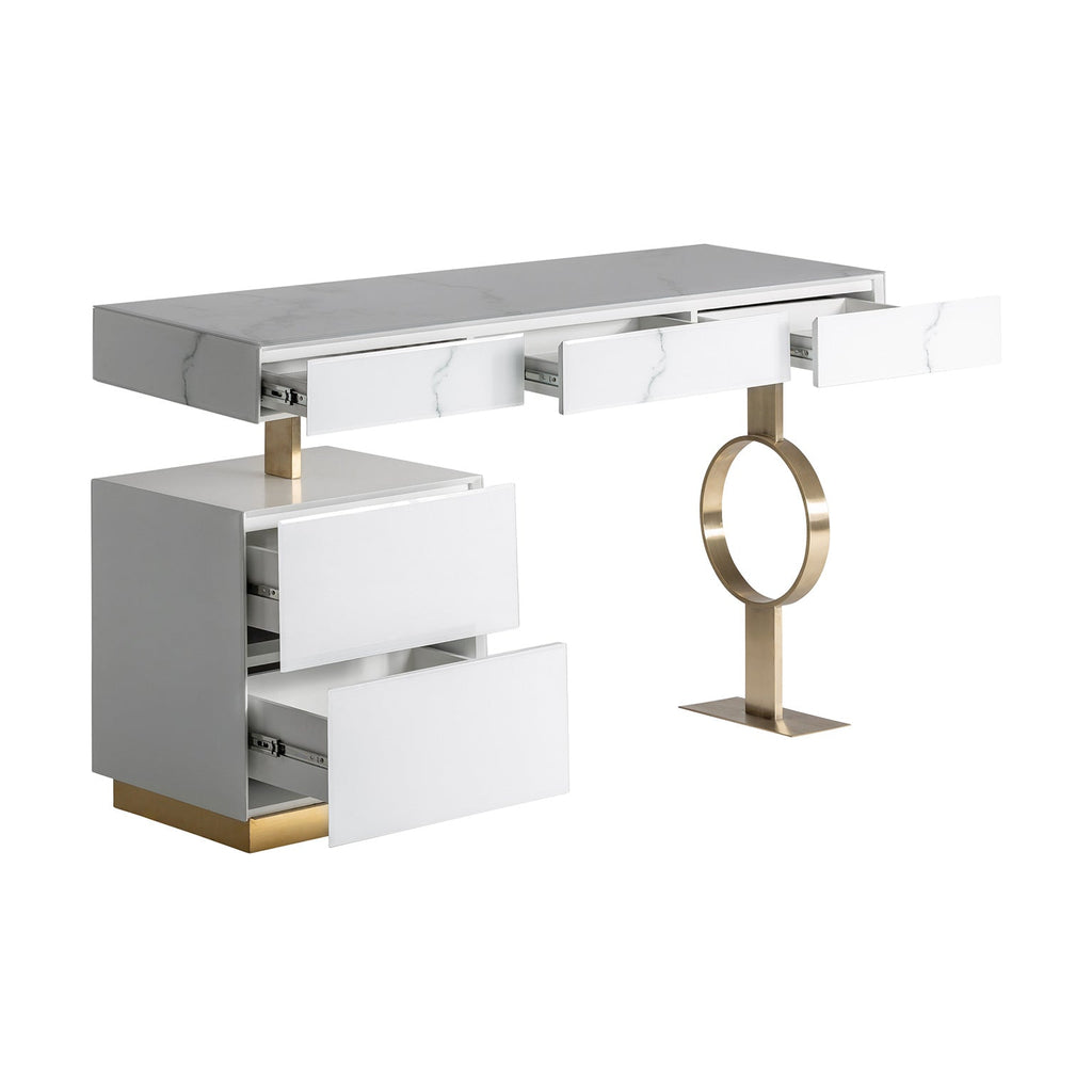 Weisser Schreibtisch aus Glas in Marmoroptik mit goldenen Elementen - Maison Oudh