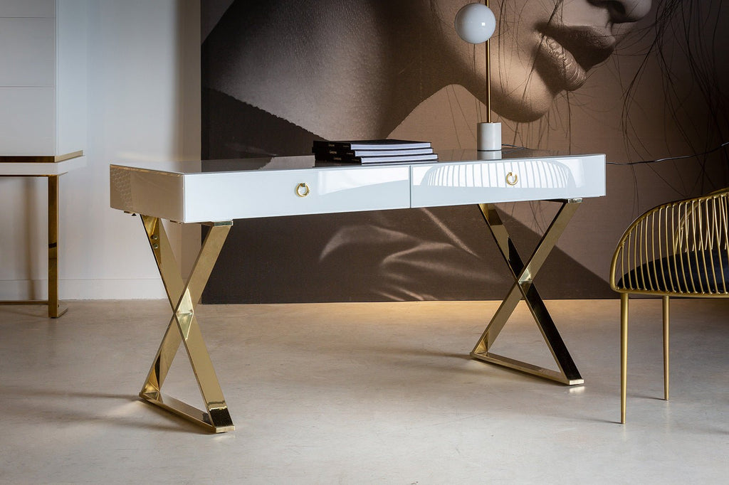 Weisser Schreibtisch mit zwei Schubladen und goldenen Details - Maison Oudh