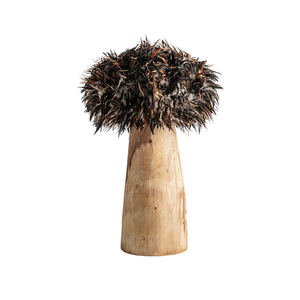 Ethno Tischleuchte aus Teakholz mit braunen Federn Unikat authentisches Ethno Flair