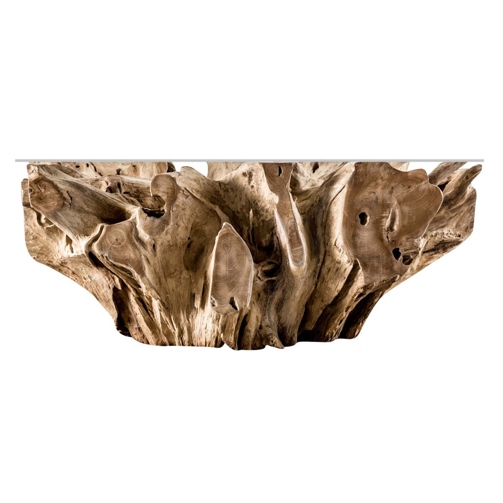 Couchtisch aus Teakbaumwurzel mit Glasplatte