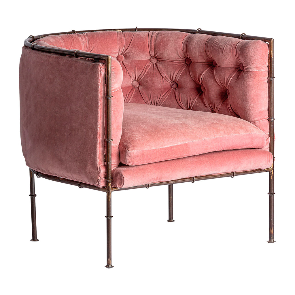 Rosa Samt Sessel mit Knopfheftung im Shabby Chic Stil