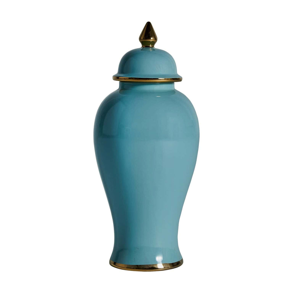 Blaue Keramikvase mit Deckel kombiniert mit Gold - maison oudh - einrichtung und interior 