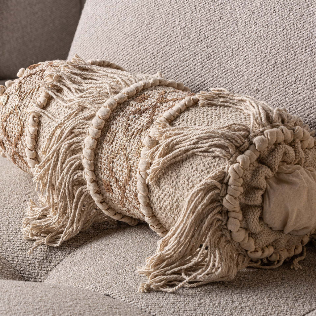 Vintage Rollkissen in Creme mit kunstvollen Stickereien