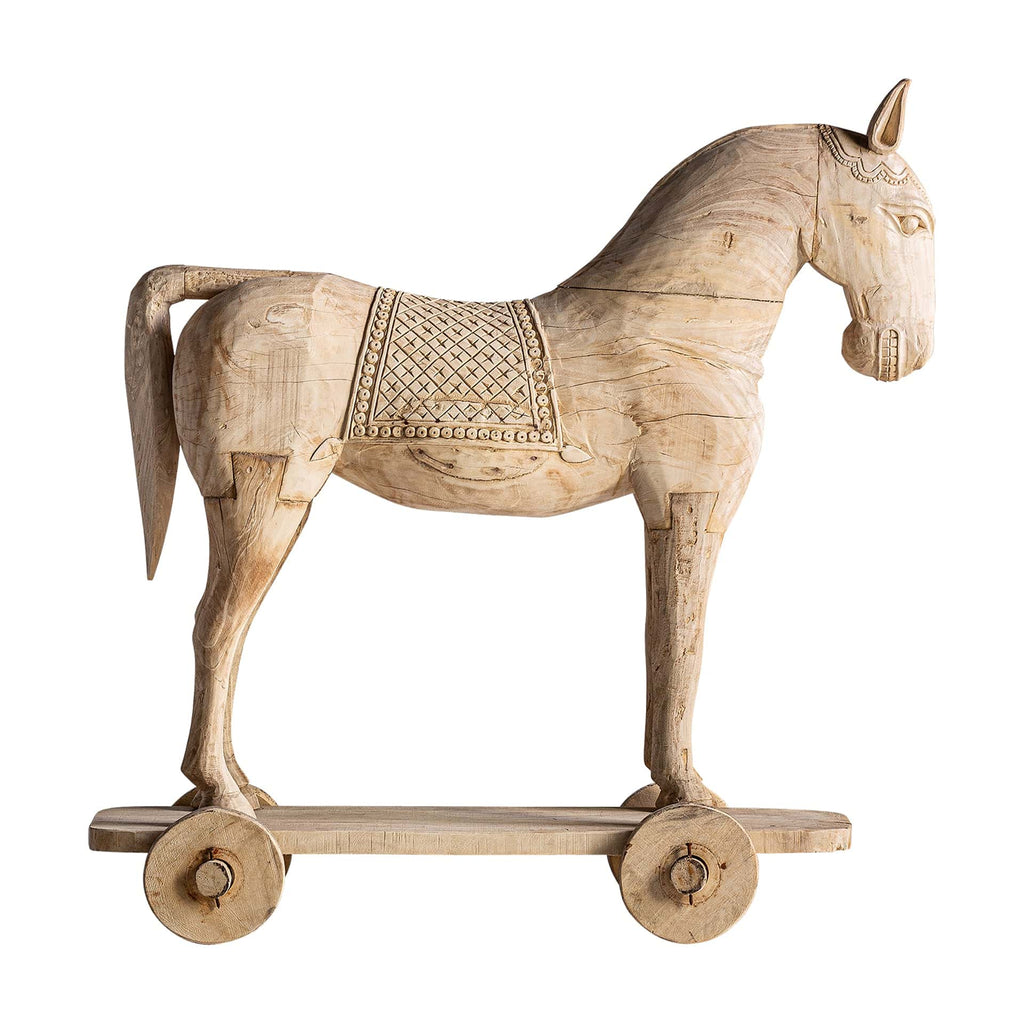 Handgefertigte Pferdefigur aus Teakholz – Kolonialstil mit kunstvollen Schnitzereien