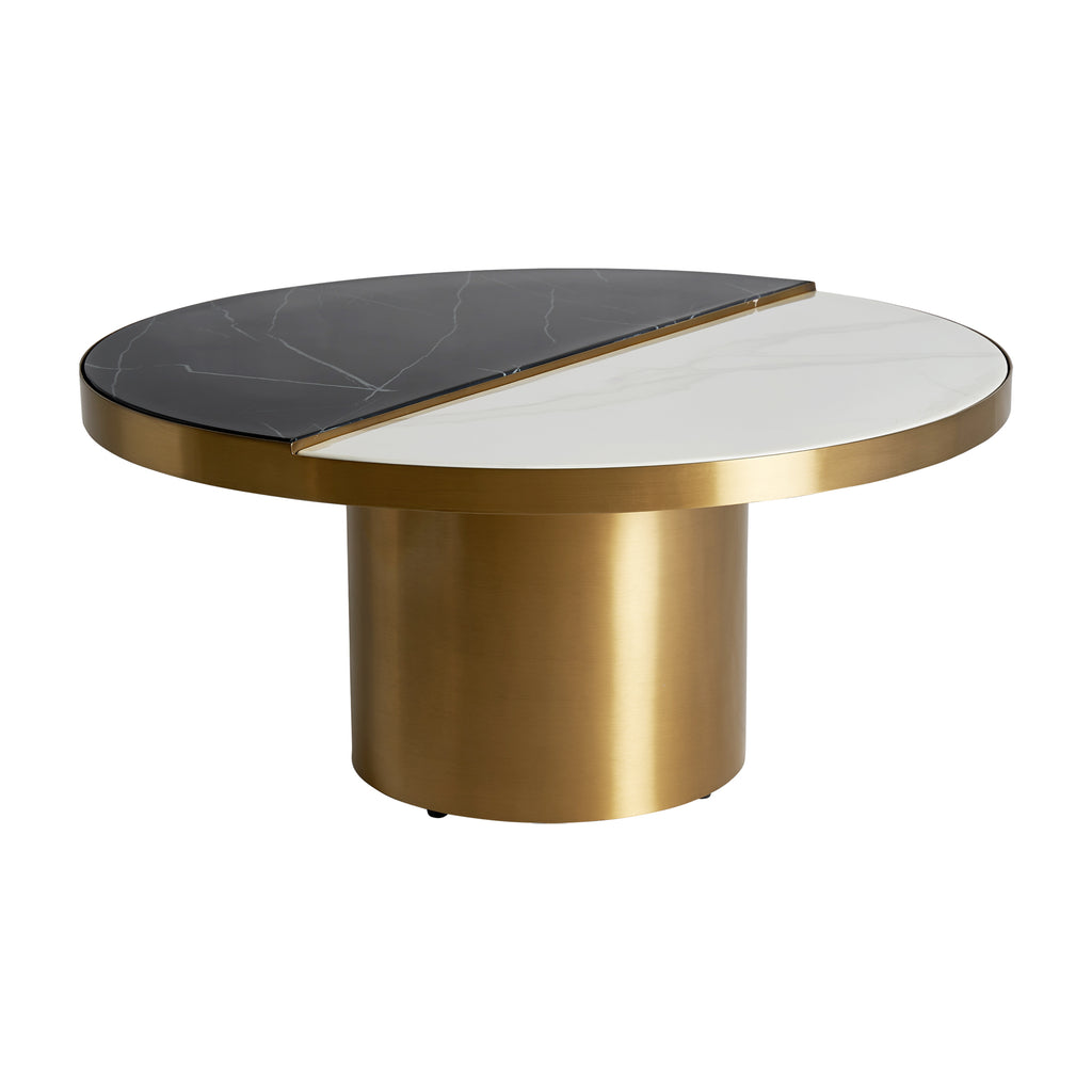 Runder Art Deco Couchtisch mit halb weißer, halb schwarzer Keramikplatte