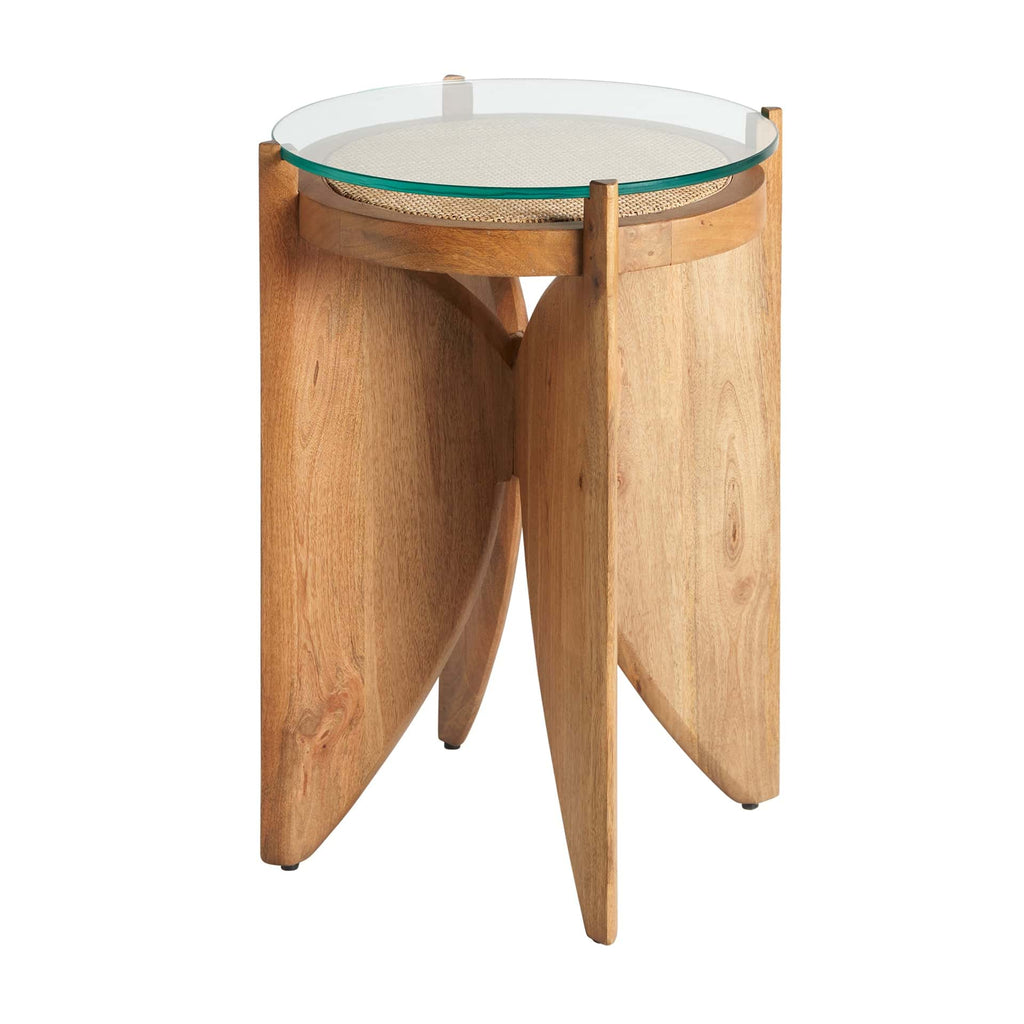 Runder Kolonialstil Beistelltisch aus Mangoholz mit Glas und Rattan